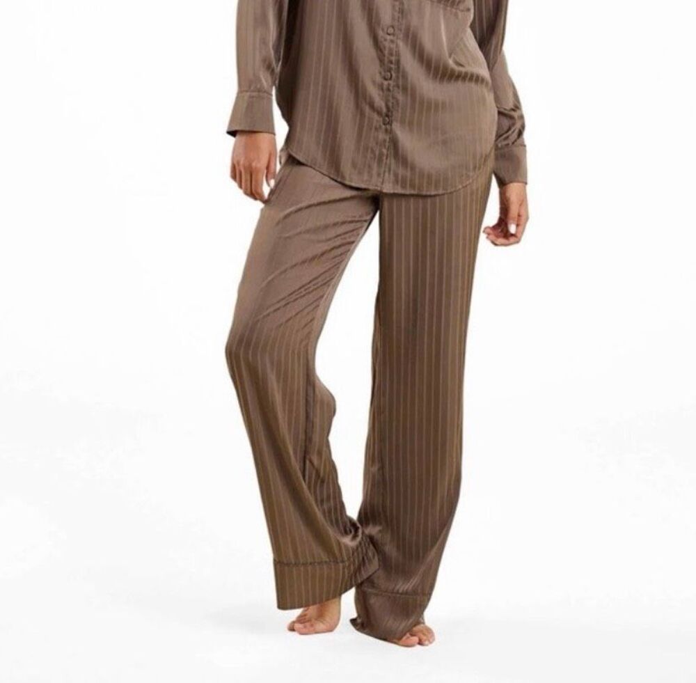 Nuuds Jacquard Striped Satin Pajama Pants lounge women's mocha Brown M NEW